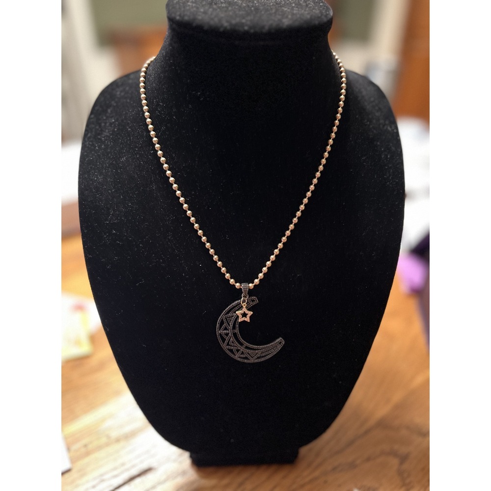 Suzy T Designs Long Chain Faux Gold Ball Chain w Black Moon & Star Pendant New